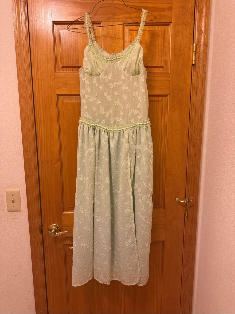 Womens mint green midi dress with pearls and white lace